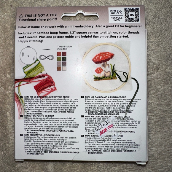 NIB Kikkerland Mini Cross Stitch Embroidery Kit Mushroom Toadstool - Picture 2 of 5
